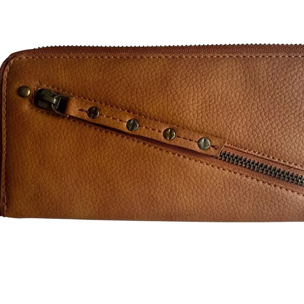 Free People Vegan Leather Wallet Wristlet Diagonal Zipper Cognac Brown Boho